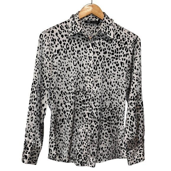 Zara Black & White Leopard Print Button-Up Long Sleeve Lightweight Women Blouse - Picture 1 of 10
